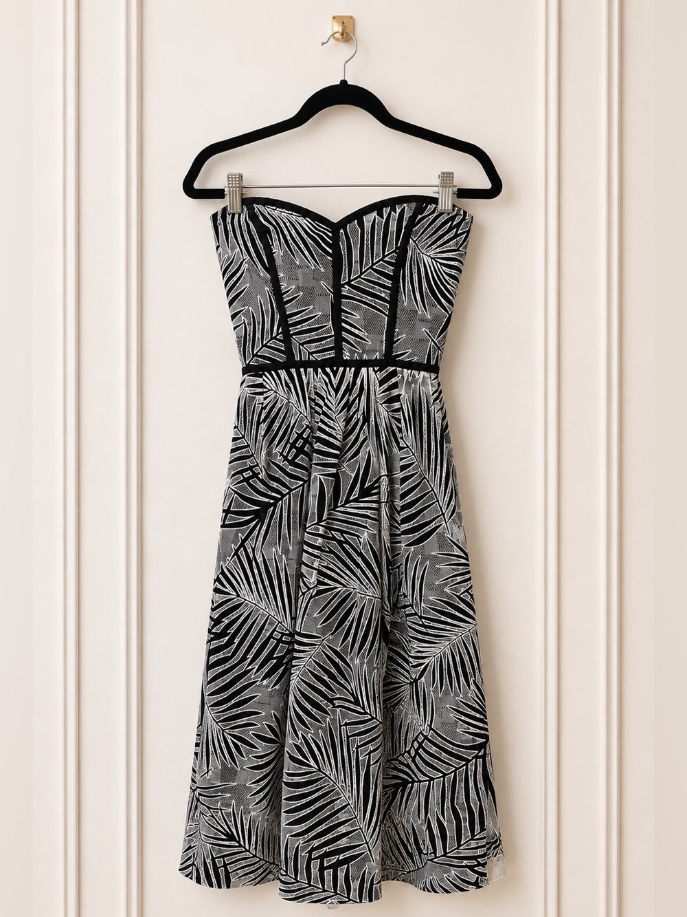 Parker Azalea Strapless Palm Leaf Lace Dress Size Small Black White Midi Dress